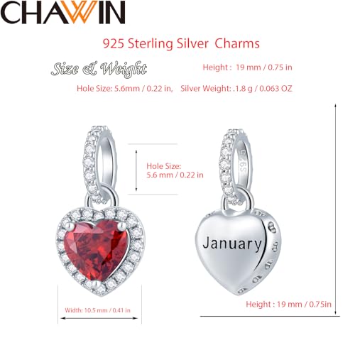 CHAWIN Birthstone Charms, 925 Sterling Silver Heart Dangle Charm, Sparkling CZ Compatible with Pandora Charm Bracelet, Necklace, Birthday Gifts for Women/Wife/Mother - style: 01# January