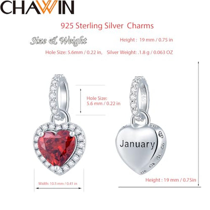 CHAWIN Birthstone Charms, 925 Sterling Silver Heart Dangle Charm, Sparkling CZ Compatible with Pandora Charm Bracelet, Necklace, Birthday Gifts for Women/Wife/Mother - style: 01# January