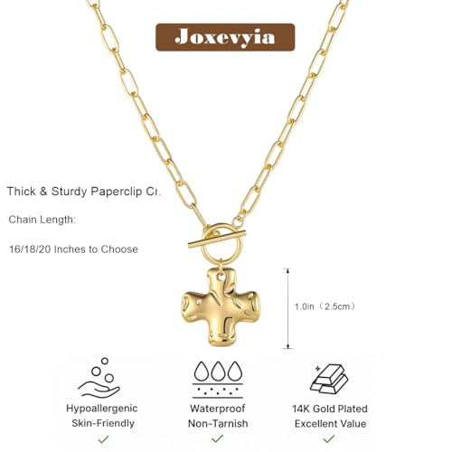 Joxevyia Gold Cross Necklace for Women Hammered Cross Pendant Toggle Clasp Paperclip Chain Statement Choker Bold Faith Jewelry Gift - color: gold cross necklace, size: 18 inches
