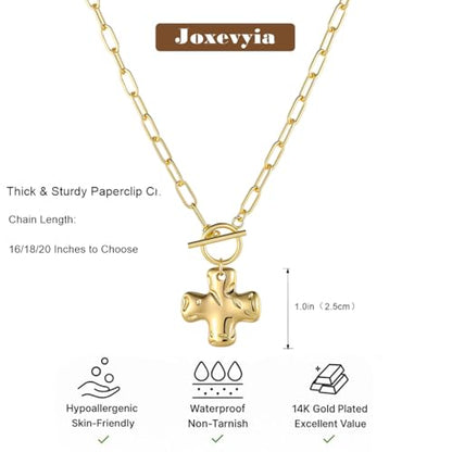 Joxevyia Gold Cross Necklace for Women Hammered Cross Pendant Toggle Clasp Paperclip Chain Statement Choker Bold Faith Jewelry Gift - color: gold cross necklace, size: 18 inches