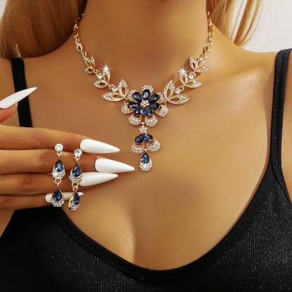 Wedding Jewelry Sets for Brides Rhinestone Necklace and Earring Set Bracelet Ring Gold Silver Prom Jewelry Sets Diamond Flower Teardrop Necklace for Women - color: Style3-Blue&Gold-2pcs