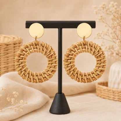 Handmade Rattan Teardrop Dangle Earrings for Women, Lightweight Boho Woven Statement Earrings with Gold Fish Hook, Natural Straw Weave Vacation Jewelry for Summer Beach - style: Natural Beige