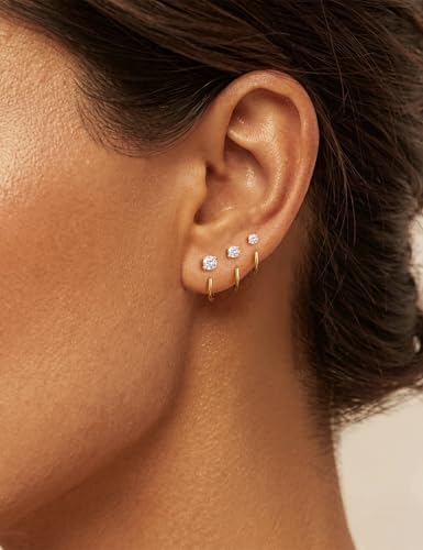 Freekiss 3 Pairs Backless Half Hoop Earrings Set for Women | 14K Gold Plated CZ Stay Close Hoop Earrings, Hypoallergenic Huggie Stackable Earring for Everyday & Sleep Wear Jewelry Gift - color: Round CZ-GD