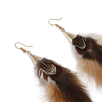 Natural Feather Earrings Bohemian Long for Women Handmade Feather Jewelry Tassel Dangle