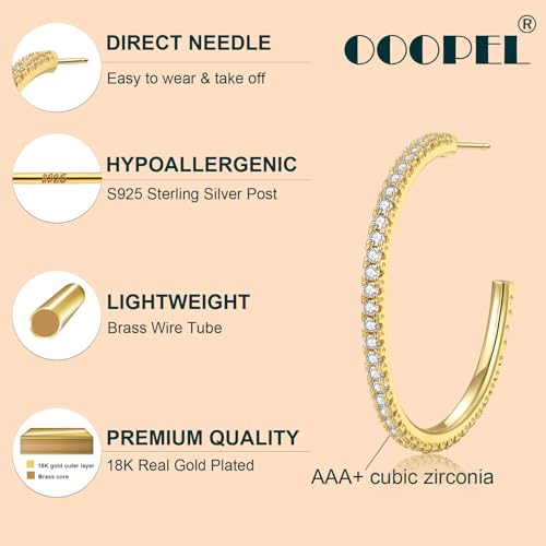 925 Sterling Silver Earrings Large Rhinestone Hoop Earrings Big Cubic Zirconia Hoop Earrings Thin Rhinestones Round Hoop Earrings for Women 20/30/40/50/60/70mm Sparkly Hoops With Crystals for Womens - color: 40mm-Gold