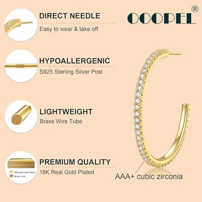 925 Sterling Silver Earrings Large Rhinestone Hoop Earrings Big Cubic Zirconia Hoop Earrings Thin Rhinestones Round Hoop Earrings for Women 20/30/40/50/60/70mm Sparkly Hoops With Crystals for Womens - color: 40mm-Gold