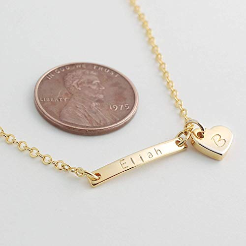 Personalized Name Bar Anklet for Women with Hand Stamped Dangle Heart Charm, Custom Engraved Initial Plate, 16K Gold Rose Gold Silver Plated Hypoallergenic Stainless Steel, Anniversary Birthday Bridesmaid Gift