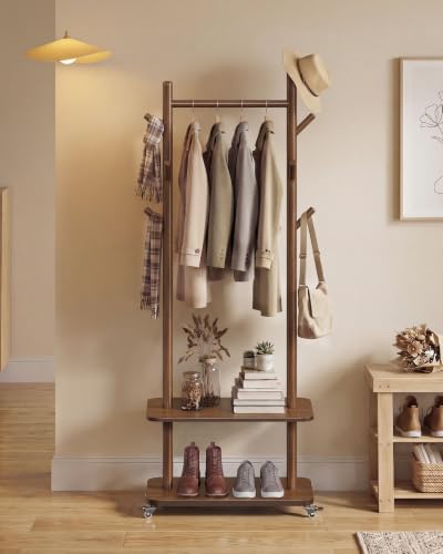 VASAGLE Freestanding Coat Rack Stand with 7 Hooks, 2 Shelves, 4 Removable 360° Swivel Wheels, Wooden Hooks and Pole, for Entryway, Bedroom, Living Room, Walnut Brown URCR053KJ01 - color: Walnut Brown, style: Minimalist