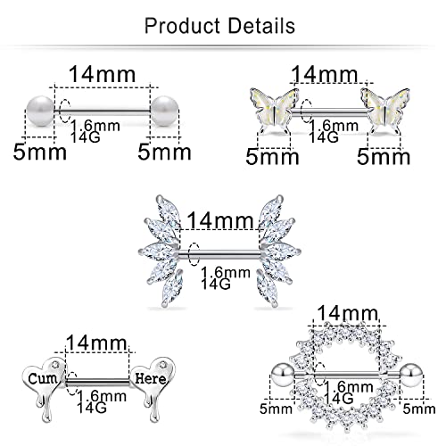 Cisyozi Butterfly Nipple Rings 14G Nipple Piercing Jewelry Stainless Steel Nipple Tongue Ring Barbell Piercing Jewelry for Women 14mm Silver Black Purple Rose Gold 7Pairs - color: 14G(1.6mm) Silver Set