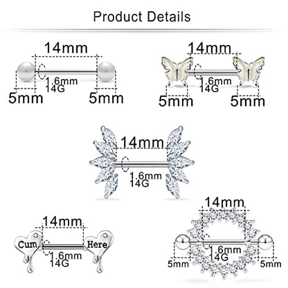 Cisyozi Butterfly Nipple Rings 14G Nipple Piercing Jewelry Stainless Steel Nipple Tongue Ring Barbell Piercing Jewelry for Women 14mm Silver Black Purple Rose Gold 7Pairs - color: 14G(1.6mm) Silver Set