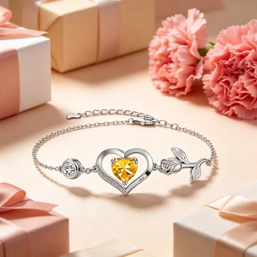 1CT Rose Heart Birthstone Bracelet for Women Love Gift - style: 11-Nov Yellow Silver