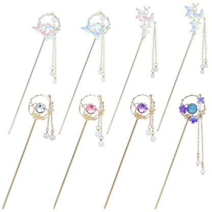 inSowni 8 Pieces Retro Asian Chinese Traditional Hanfu Butterfly Flower Metal Hair Sticks with Pearl Pendants Long Hair Pins Forks Chopsticks Bun Updo Holders for Women Girls - color: 8pcs Set E