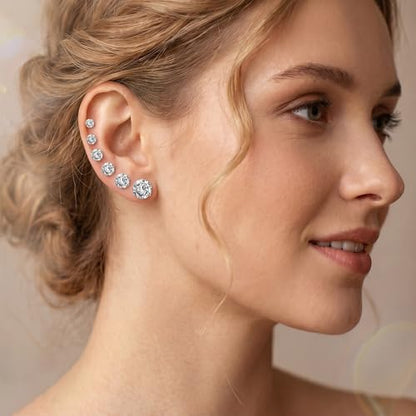 Stud Earrings Set, Round Clear Cubic Zirconia Ear Studs for Women and Men Sensitive Ears Stainless Steel CZ Earrings Hypoallergenic Cubic Zirconia Earrings Set Small Piercing Earring, 6 Pairs - color: 4-claw