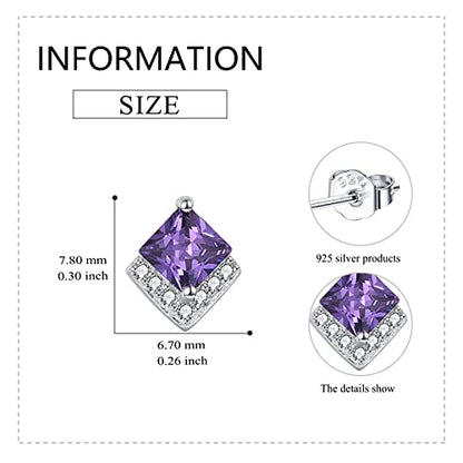 Birthstone Stud Earrings Sterling Silver Square Created Crystal Earrings Cubic Zirconia Hypoallergenic Piercing Jewelry Small Gifts for Women Mothers - color: Feb-Amethyst