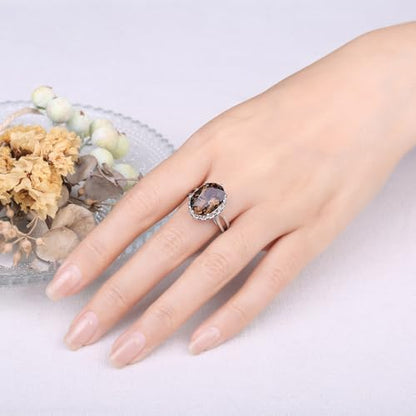 JewelryPalace Huge Oval Shape 5.7ct Genuine Smoky Quartz Cocktail Rings for Her, 14K White Yellow Rose Gold Plated 925 Sterling Silver Ring for Women, Natural Gemstone Jewelry Sets Rings - color: 1-Brass