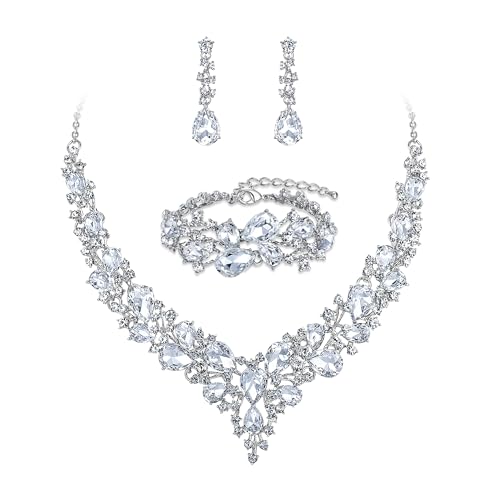 Wedding Bridal Jewelry Set for Women Bride Bridesmaids | Gorgeous Austrian Crystal Teardrop Cluster Statement Necklace Dangle Earrings Link Bracelet Set Prom Jewellery - color: 09-Clear Rhodium-Tone