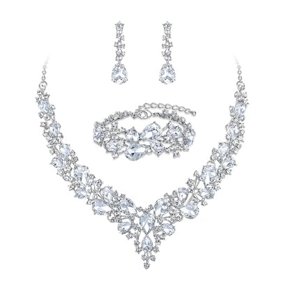 Wedding Bridal Jewelry Set for Women Bride Bridesmaids | Gorgeous Austrian Crystal Teardrop Cluster Statement Necklace Dangle Earrings Link Bracelet Set Prom Jewellery - color: 09-Clear Rhodium-Tone