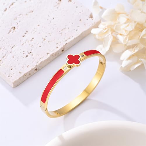 Clover Bracelets for Women Gold and Silver Chunky Oval Clover Bangle | 18k Gold Plated Stainless Steel,Precision Polished Non Tarnish,Black/White/Red/Pink/Orange Clover Bracelet Gifts for Women - color: Red