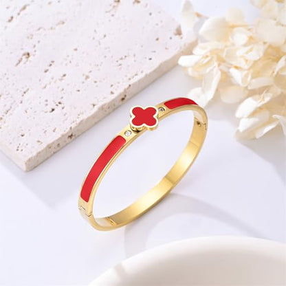 Clover Bracelets for Women Gold and Silver Chunky Oval Clover Bangle | 18k Gold Plated Stainless Steel,Precision Polished Non Tarnish,Black/White/Red/Pink/Orange Clover Bracelet Gifts for Women - color: Red
