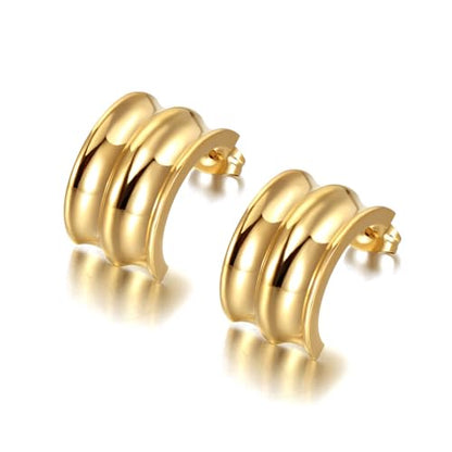 Women's Gold Plated Stainless Steel Triple Band Geometric C-Hoop Stud Earrings