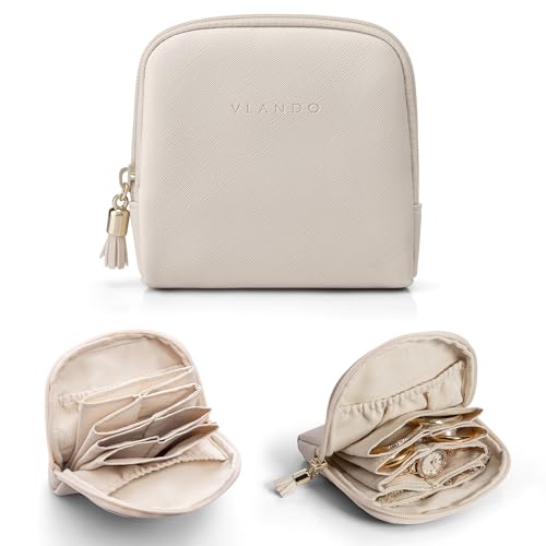 VLANDO Small Travel Jewelry Case,Velvet Pouch Bags with Zipper,Beige | Travel Essentials,PU Leather Organizer with 5 Divided Sections,Carry-On Totes,Gift for Birthday,Bride,Bridesmaid,Women,Girls - color: C.Beige