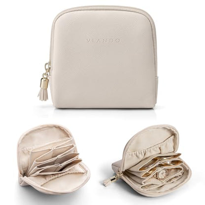 VLANDO Small Travel Jewelry Case,Velvet Pouch Bags with Zipper,Beige | Travel Essentials,PU Leather Organizer with 5 Divided Sections,Carry-On Totes,Gift for Birthday,Bride,Bridesmaid,Women,Girls - color: C.Beige