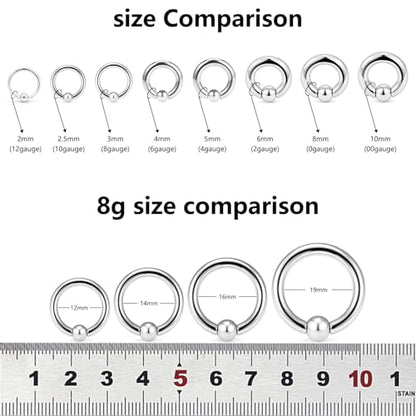 12G 10G 8G 6G 4G 2G 0G 00G Large Septum Rings Gauges Earrings Hoops 316L Surgical Steel Spring Action Captive Bead PA Ring CBR Septum Nose Rings Piercing Jewelry for Women Men - color: Silver, size: 8G=3mm Inner Dia: 3/8" (10mm)