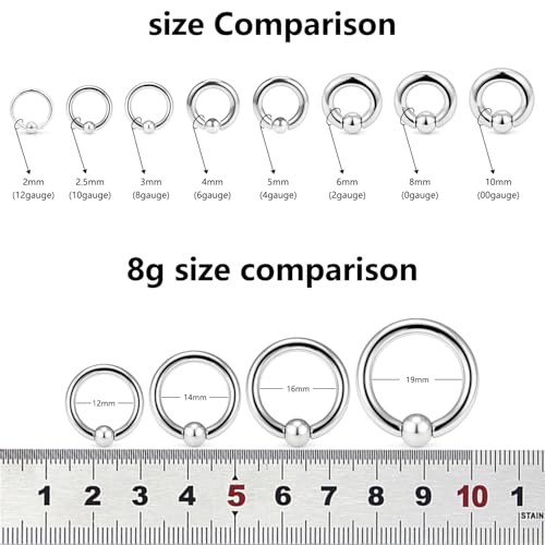 12G 10G 8G 6G 4G 2G 0G 00G Large Septum Rings Gauges Earrings Hoops 316L Surgical Steel Spring Action Captive Bead PA Ring CBR Septum Nose Rings Piercing Jewelry for Women Men - color: Silver, size: 8G=3mm Inner Dia: 9/16" (14mm)