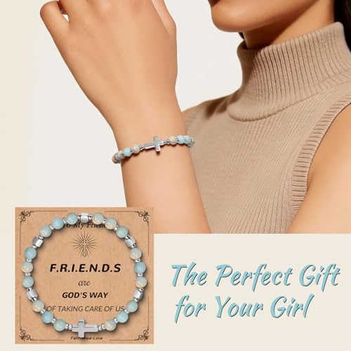 Natural Stone Stretch Bracelet for Women - Holy Water Elastic Cross Bracelet | Christmas Christian Baptism Gift, Meaningful Gifts, Unique Gift for Friends Mom Daughter Sister - style: cross-Joshua