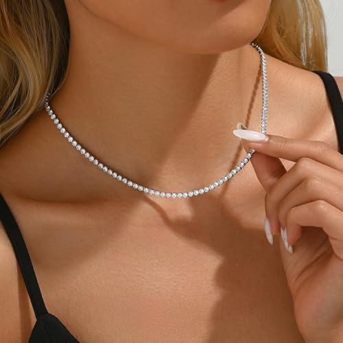 3mm Cubic Zirconia Tennis Necklace for Women, Dainty Adjustable 18K Gold Plated/Silver CZ Tennis Necklace, Hypoallergenic Iced Out Everyday Jewelry Gift for Her Wedding Party - color: 42cm Tennis Necklace-White Gold
