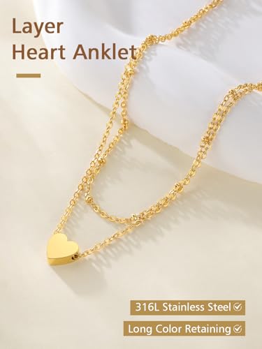 FindChic Stainless Steel Ankle Bracelets for Women, Waterproof Figaro/Cuban/Box/Beaded Chain Anklets, Summer Beach Foot Jewelry, 8.5''-10.5'' Adjustable Length, with Gift Box - style: Layered Heart Charm-Gold