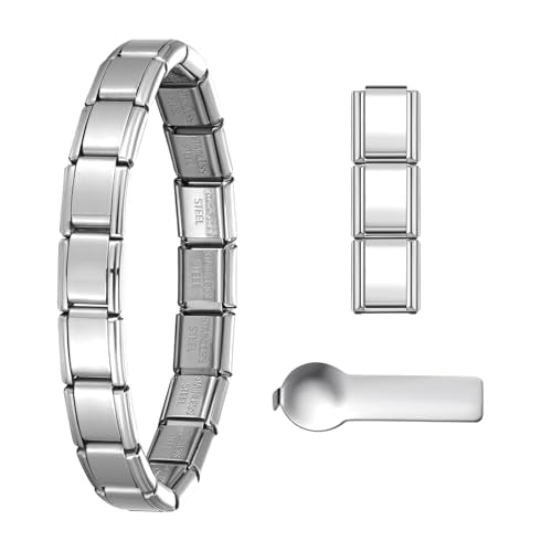 Stainless Steel Italian Charm Bracelet, 18 Link Starter Bracelet 9mm Charms | Italian Charm Bracelet with 9Pcs/20Pcs Charms and Opening Tools, Classic 9mm Modular Charm, Personalized Jewelry Gift - color: Silver