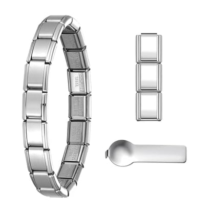 Stainless Steel Italian Charm Bracelet, 18 Link Starter Bracelet 9mm Charms | Italian Charm Bracelet with 9Pcs/20Pcs Charms and Opening Tools, Classic 9mm Modular Charm, Personalized Jewelry Gift - color: Silver