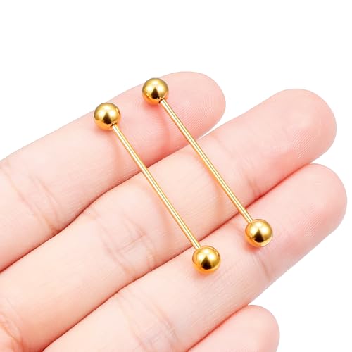 16G 14G Surgical Steel Tongue Rings Nipple Rings Industrial Piercing Jewelry Set Multi Size Straight Barbells 12mm 14mm 16mm 19mm 22mm 28mm 32mm 35mm 38mm 40mm 45mm for Women Men - color: goldtone, size: 16g,bar length 28mm