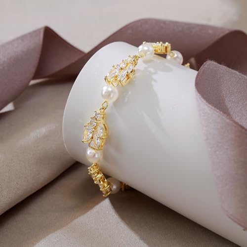 EVER FAITH Gorgeous Cubic Zirconia Pearl Wedding Link Bracelet for Bride | Marquise Teardrop Crystal Bridal Prom Jewelry, for Women Bridesmaids - style: Cluster_Clear Gold-Tone