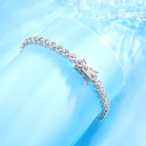 18K White Gold Plated Round-Cut Full CZ Link Bracelet Classic Hypoallergenic Cubic Zirconia Tennis Bracelet for Women - size: 7.0IN, style: Round 3mm Halo