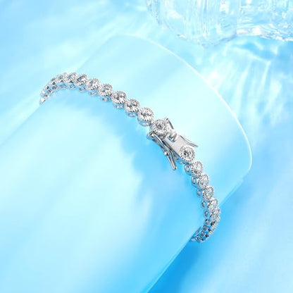 18K White Gold Plated Round-Cut Full CZ Link Bracelet Classic Hypoallergenic Cubic Zirconia Tennis Bracelet for Women - size: 7.0IN, style: Round 3mm Halo