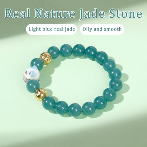 Real Gemstone Lucky Cat Bracelet Feng Shui Good Luck Wealth Charm | Blessed Genuine Gemstone with Brass Cat Pendant, 10mm Prayer Beads, Energy Protection for Wealth & Health, Spiritual Gifting - color: Blue