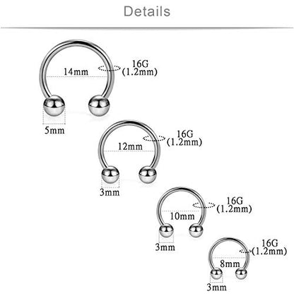 SCERRING 2-8PCS 16G G23 Titanium Horseshoe Septum Ring Nose Rings Hoop Helix Daith Cartilage Tragus Earrings Nipple Eyebrow Body Piercing Jewelry 8mm 10mm 12mm 14mm - style: 8PCS - 16G Mix Sizes