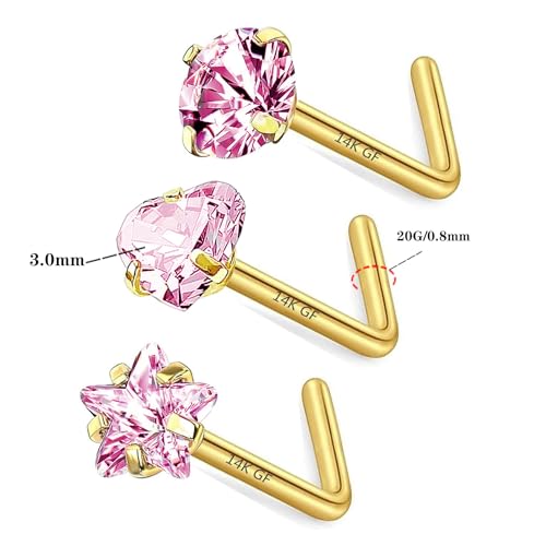 3 Pcs 14K Gold Filled Nose Studs 20G Stainless Steel Stud Nose Ring 2mm/2.5mm/3mm Round CZ L Bend Nose Stud Hypoallergenic Nose Piercing - color: pink L