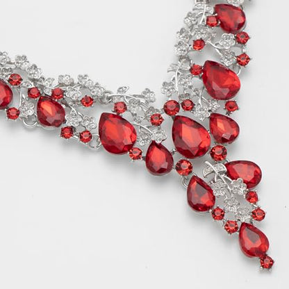 Bridal Bridesmaid Austrian Crystal Jewelry Set, Floarl rhinestone Statement Neckace Teardrop Necklace Drop Dangle Earrings Set - color: Red-Silver Tone