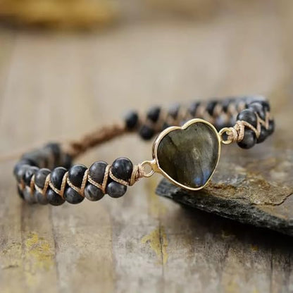 Women Boho Wrap Bracelet,Handmade Natural Stone Crystal Emperor Beads Heart Bracelet, Fashion Bohemian Jewelry Gift for Women - color: Gray
