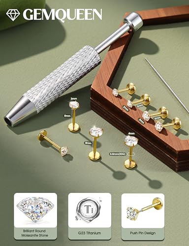 GEMQUEEN 8 PCS Moissanite ＆ Implant Grade G23 Titanium Nose Studs Flat Back Earrings Hypoallergenic : 14K Gold Plated Nose Rings 20G Push in Threadless Cartilage Helix Piercing Jewelry for Women Men - color: Gold| 20G(0.8MM)-Bar-6/8MM&Moissanite-2/3/4MM