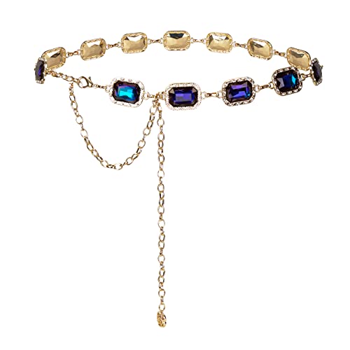 ILuvatar Green Glass Diamond Chain Belt - Metal Women's Western Style Dress Belt - color: Gold-s-blue