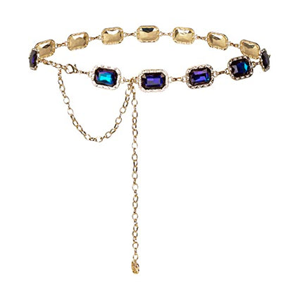 ILuvatar Green Glass Diamond Chain Belt - Metal Women's Western Style Dress Belt - color: Gold-s-blue