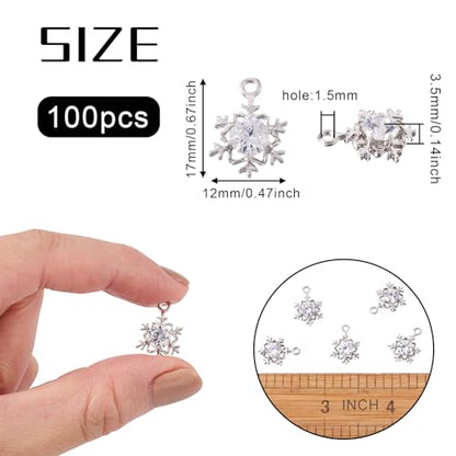 Beadthoven 100Pcs Cubic Zirconia Alloy Charms Snowflake Shaped Platinum Christmas Pendants Sparkly Holiday Charms for Necklace Bracelet Earring Jewelry Making DIY Accessory Hole: 1.5mm - color: Platinum-Snowflake