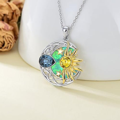 AOBOCO 925 Sterling Silver Moon Sun Star Necklace Celtic Jewelry for Women Girls - color: Silver&Gold&Light Green
