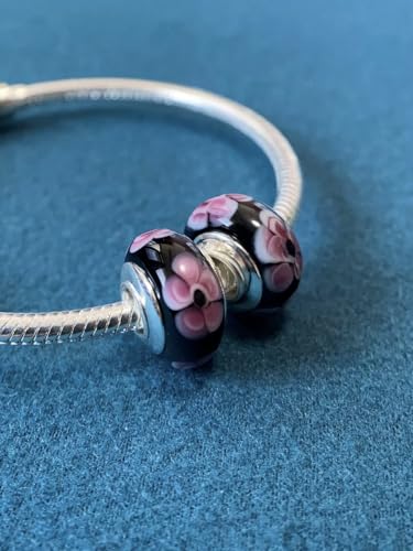 2pcs Authentic 925 Silver Murano Glass Flower Charms for Pandora Bracelets - color: 07-Black and Red