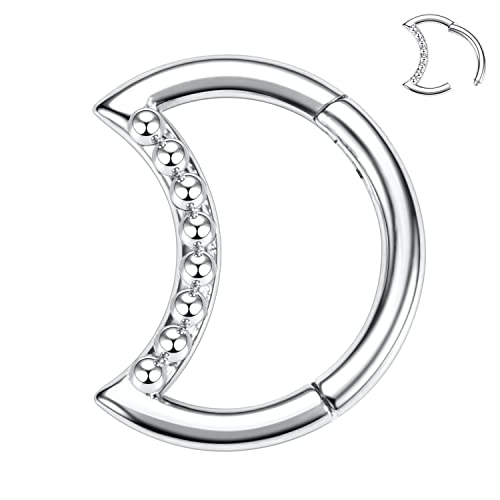 Moon Shape Septum Clicker Ring Daith Piercing Jewelry - Stainless Steel Silver Rook Earrings Hinged Segment Clicker Nose Rings Hoop for Conch Helix Cartilage Tragus 8mm