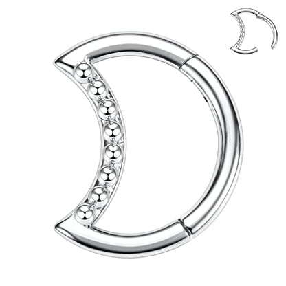 Moon Shape Septum Clicker Ring Daith Piercing Jewelry - Stainless Steel Silver Rook Earrings Hinged Segment Clicker Nose Rings Hoop for Conch Helix Cartilage Tragus 8mm